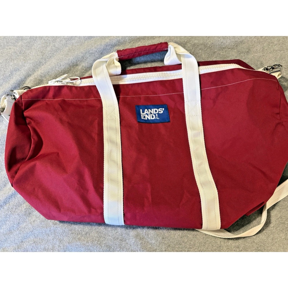 Lands End Duffle Bag Gym Seagoing Red White Heavy Zipper Crossbody Strap Cordura